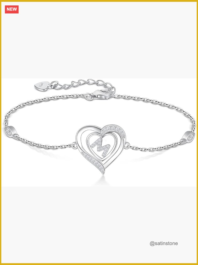 925 Sterling Silver Heart Initial Charm Link Bracelet For Women